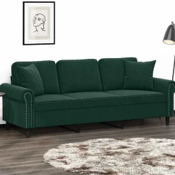 Canapés-vidaXL Canapé 3 places avec oreillers 180 cm velours Vert foncé