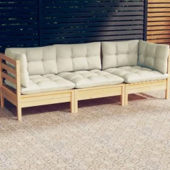 Mobilier De Jardin-vidaXL Canapé 3 places de jardin et coussins crème Bois de pin solide Marron et cr&egrave;me