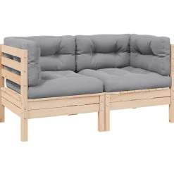 vidaXL Canapé 2 places de jardin et coussins gris Bois de pin solide