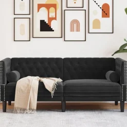 Canapés-vidaXL Canapé Chesterfield avec traversins 2 places velours Noir