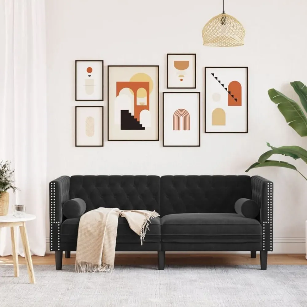 Canapés-vidaXL Canapé Chesterfield avec traversins 2 places velours Noir