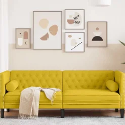 Canapés-vidaXL Canapé Chesterfield avec traversins 3 places velours Jaune