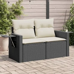 Mobilier De Jardin-vidaXL Canapé de jardin avec coussins 2 places noir résine tressée Noir et cr&egrave;me