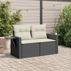 Mobilier De Jardin-vidaXL Canapé de jardin avec coussins 2 places noir résine tressée Noir et crème