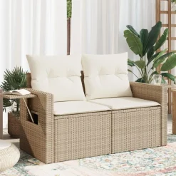vidaXL Canapé de jardin avec coussins 2 places beige résine tressée