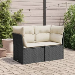 vidaXL Canapé de jardin avec coussins 2 places noir résine tressée
