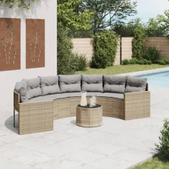 Mobilier De Jardin-vidaXL Canapé de jardin table coussins demi-rond beige résine tressée beige et gris clair