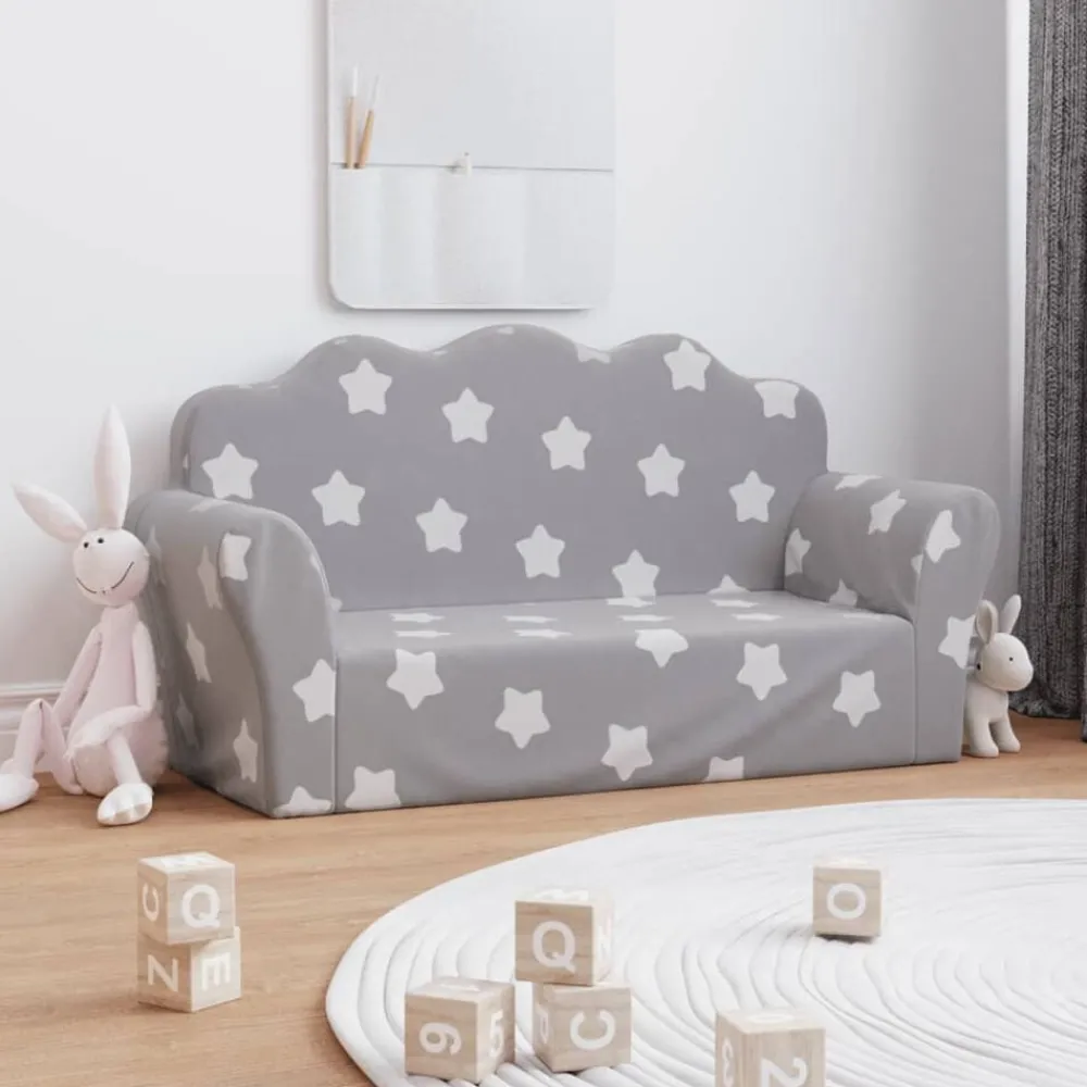 vidaXL Canapé enfants 2 places gris clair avec étoiles peluche douce