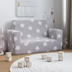 vidaXL Canapé pour enfants à 2 places Gris clair étoiles Peluche douce