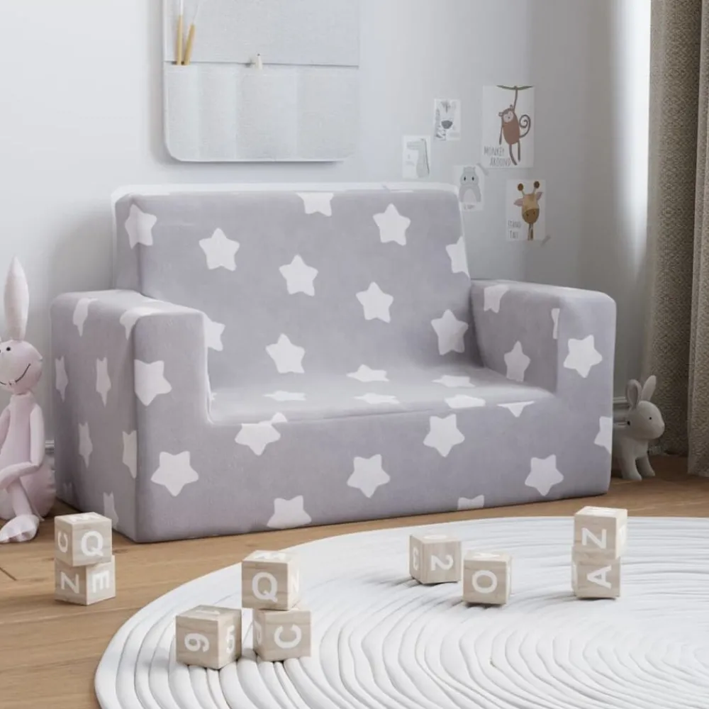 vidaXL Canapé pour enfants à 2 places Gris clair étoiles Peluche douce