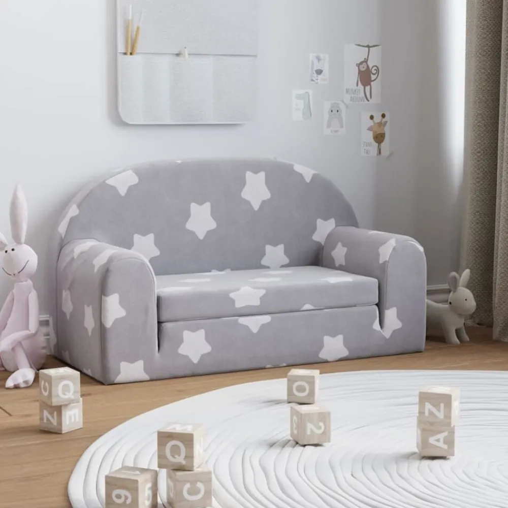 vidaXL Canapé-lit enfant 2 places gris clair étoiles peluche douce