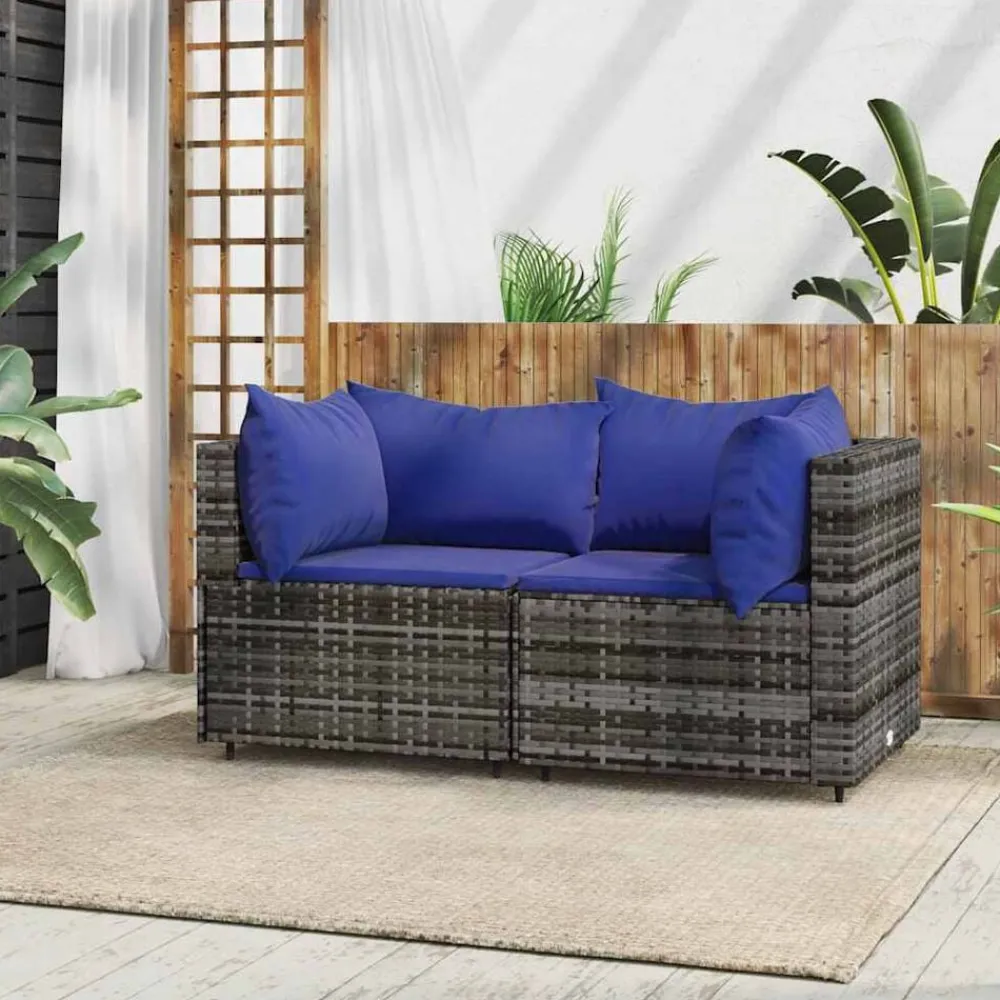 Mobilier De Jardin-vidaXL Canapés d'angle de jardin et coussins 2 pcs gris résine tressée Gris et bleu