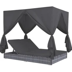 Mobilier De Jardin-vidaXL Chaise longue d'extérieur avec rideaux Résine tressée Gris
