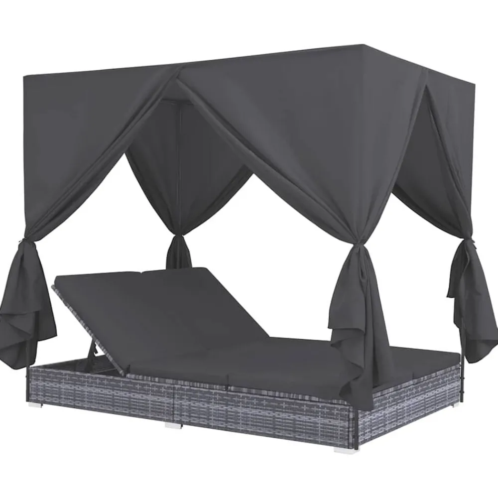 Mobilier De Jardin-vidaXL Chaise longue d'extérieur avec rideaux Résine tressée Gris