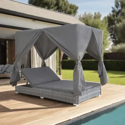 Mobilier De Jardin-vidaXL Chaise longue d'extérieur avec rideaux Résine tressée Gris