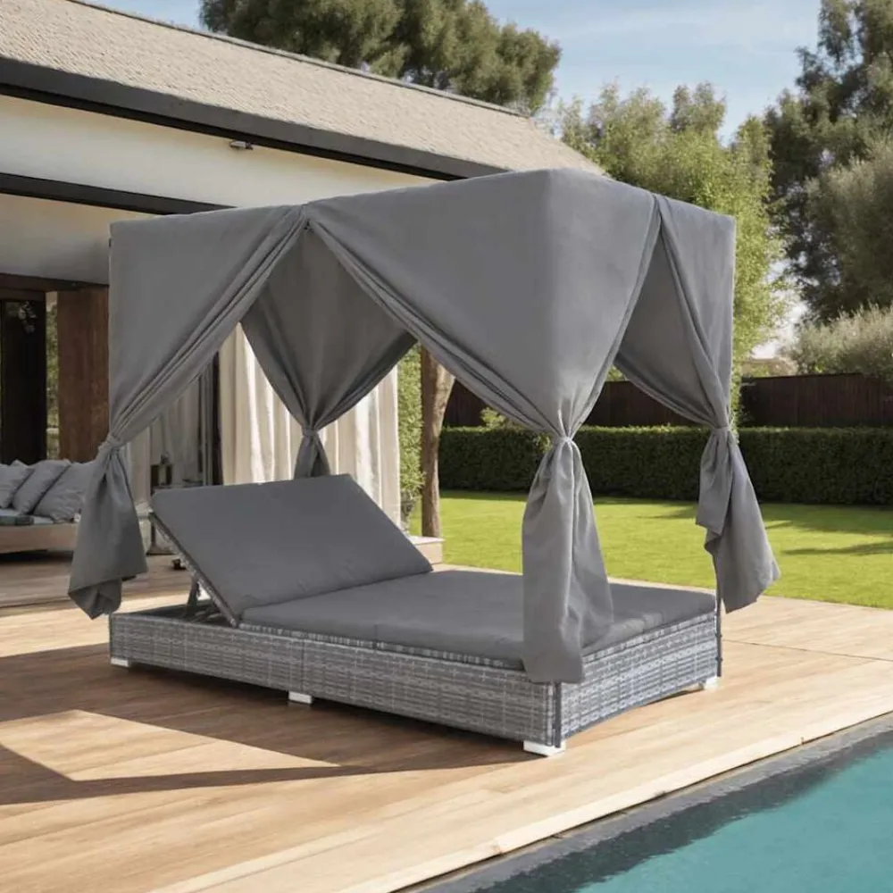 Mobilier De Jardin-vidaXL Chaise longue d'extérieur avec rideaux Résine tressée Gris