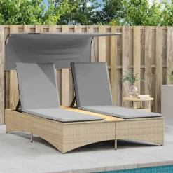 Mobilier De Jardin-vidaXL Chaise longue double et auvent et coussins mélange rotin Beige