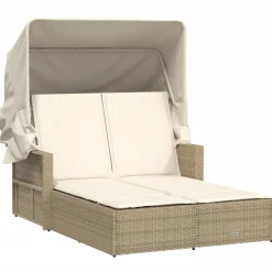 vidaXL Chaise longue double avec auvent et coussins poly rotin