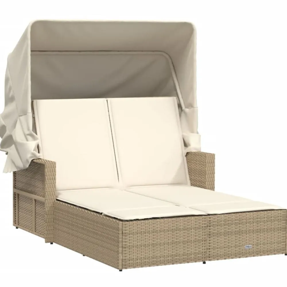vidaXL Chaise longue double avec auvent et coussins poly rotin