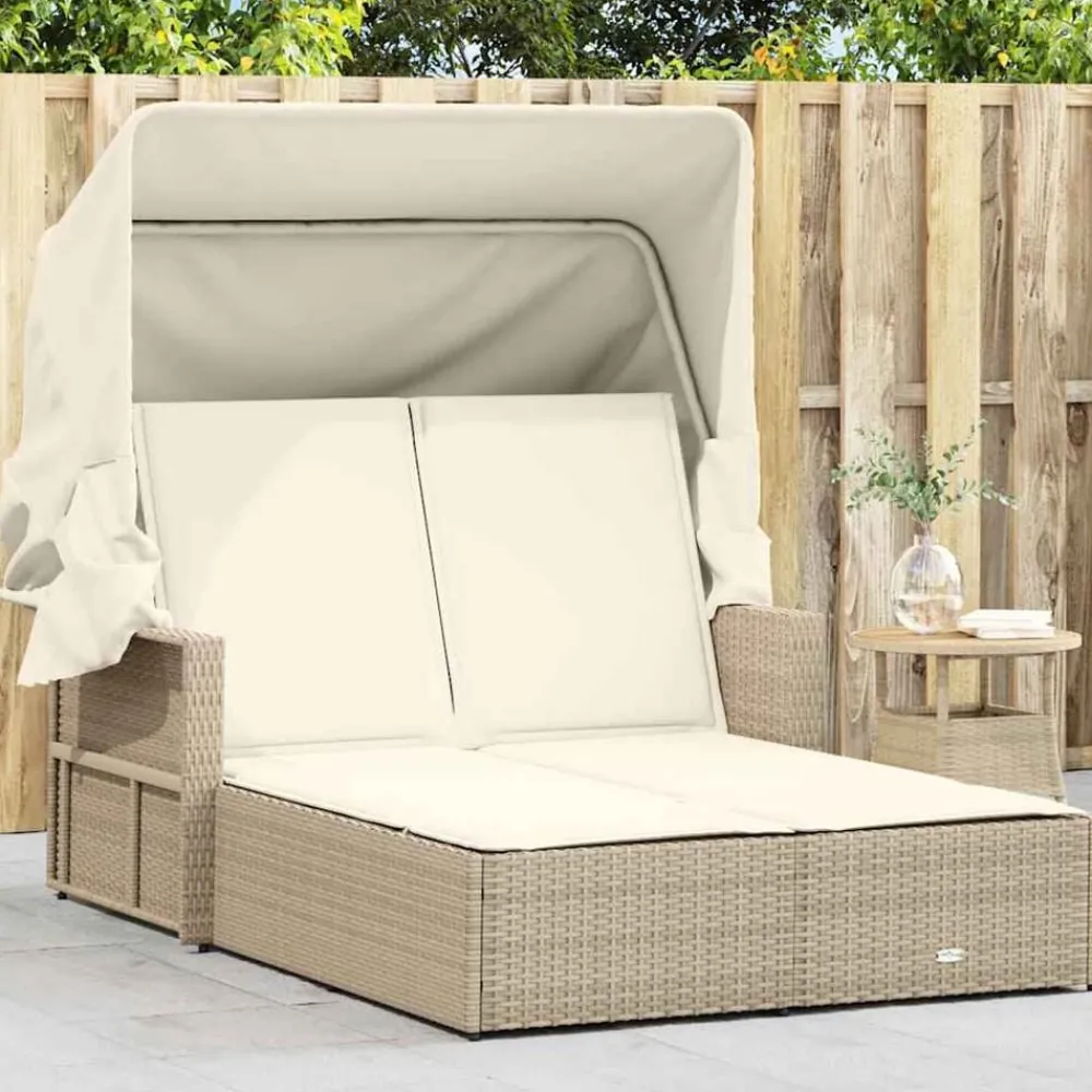 vidaXL Chaise longue double avec auvent et coussins poly rotin