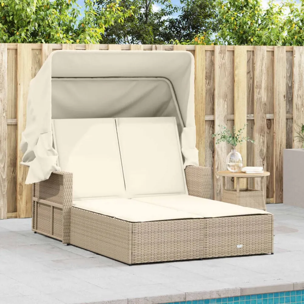 vidaXL Chaise longue double avec auvent et coussins poly rotin