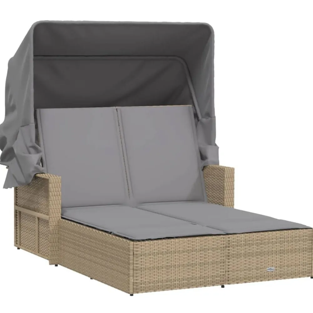 Mobilier De Jardin-vidaXL Chaise longue double et auvent et coussins mélange beige rotin Mélange de beiges
