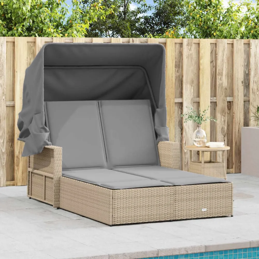 Mobilier De Jardin-vidaXL Chaise longue double et auvent et coussins mélange beige rotin Mélange de beiges