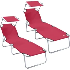 Mobilier De Jardin-vidaXL Chaise longue pliable avec auvent acier et tissu Rouge