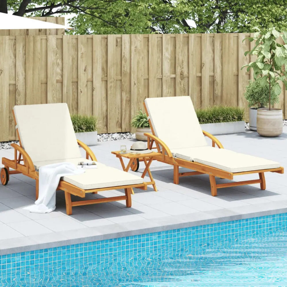 Mobilier De Jardin-vidaXL Chaises longues lot de 2 avec table bois massif d'acacia Crème