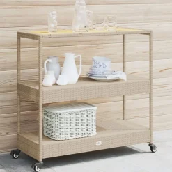 Chariots & Îlots-vidaXL Chariot de bar 3 niveaux beige rotin et bois d'acacia massif Beige et marron