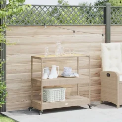 Chariots & Îlots-vidaXL Chariot de bar 3 niveaux beige rotin et bois d'acacia massif Beige et marron