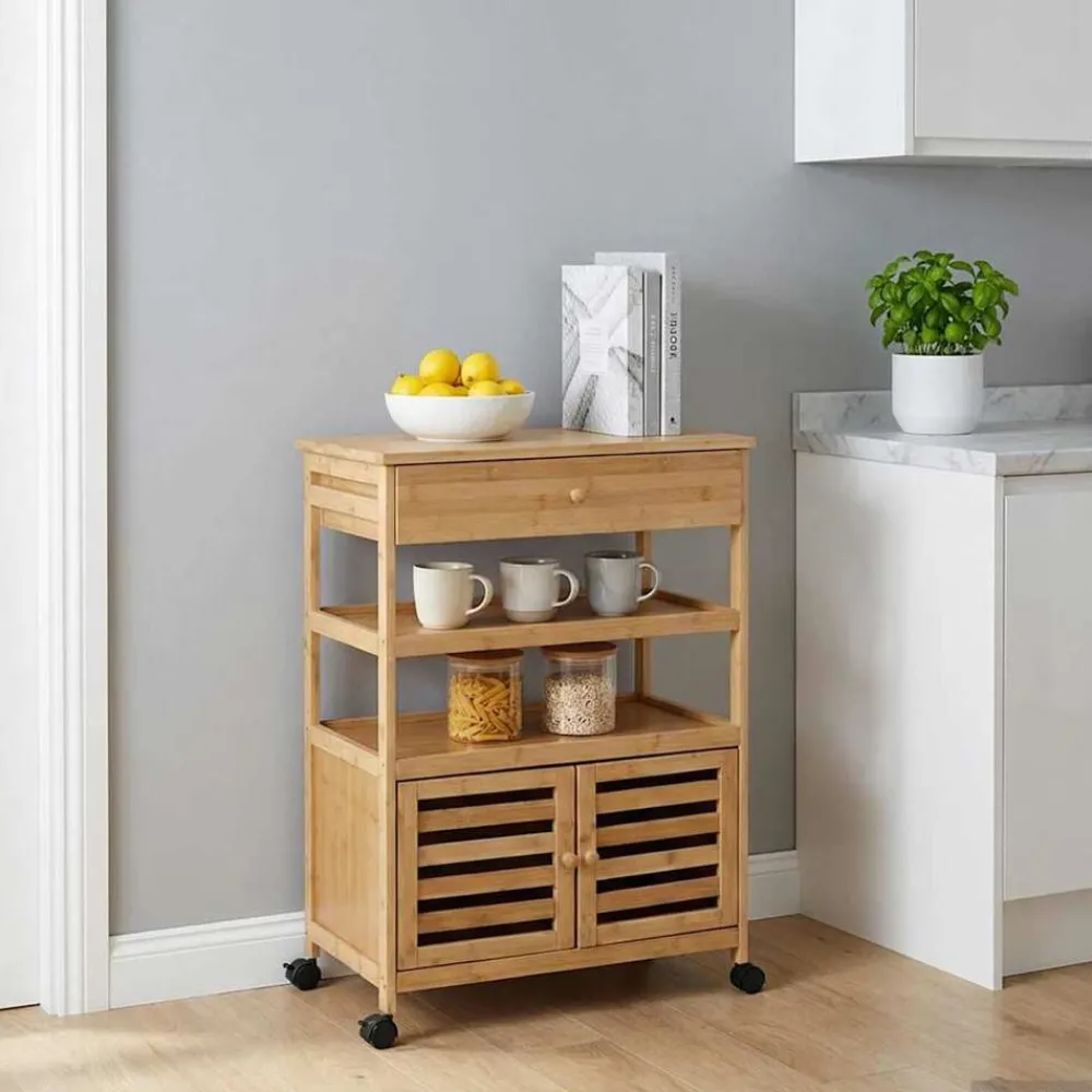 Chariots & Îlots-vidaXL Chariot de Cuisine avec Roues Naturel 59,5 x 36 x 82 cm Bambou