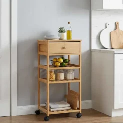 Chariots & Îlots-vidaXL Chariot de Cuisine avec Roues Naturel 37 x 36 x 80 cm Bambou