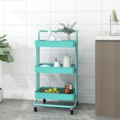 Chariots & Îlots-vidaXL Chariot de cuisine 3 niveaux 42x35x85 cm Fer et ABS Turquoise
