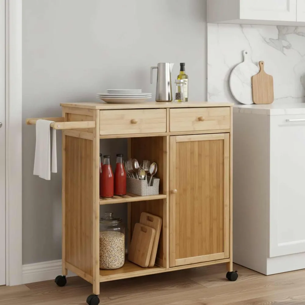 Chariots & Îlots-vidaXL Chariot de Cuisine avec Roues Naturel 90,5 x 36 x 86,5 cm