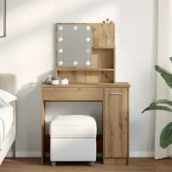 Tables-vidaXL Coiffeuse avec LED chêne artisanal 86,5x35x136 cm ch&ecirc;ne artisanal