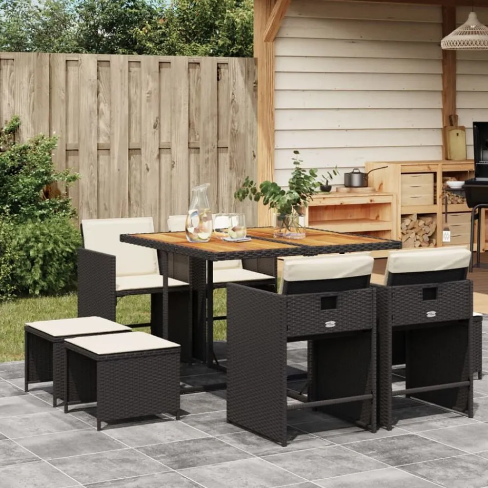 Mobilier De Jardin-vidaXL Ensemble à manger de jardin 9pcs coussins noir résine tressée Noir et crème