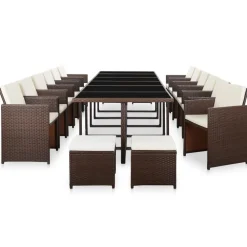 vidaXL Ensemble à manger d'extérieur avec coussins 17 pcs rotin Marron