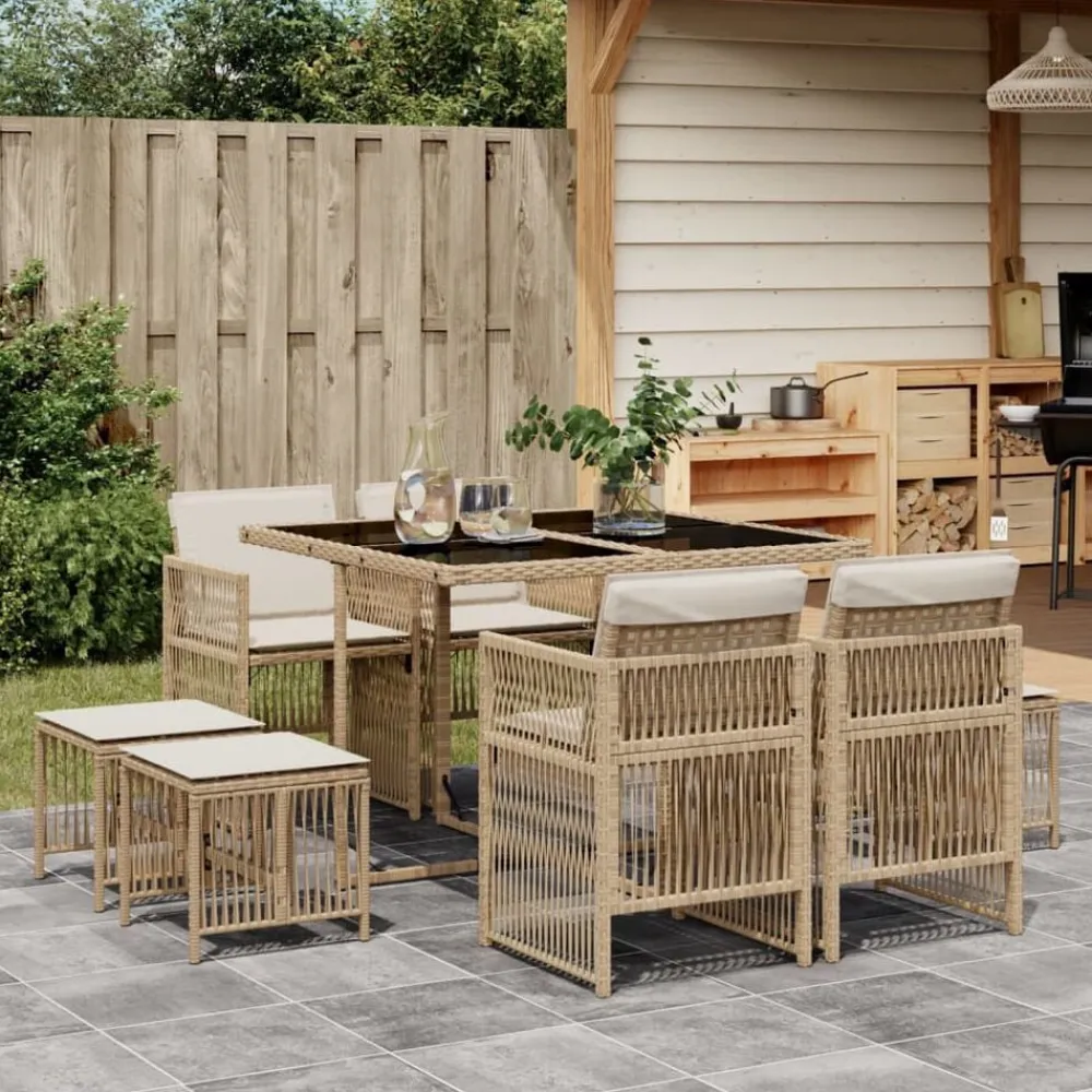 vidaXL Ensemble à manger de jardin et coussins 9 pcs beige Poly rotin