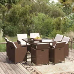 Mobilier De Jardin-vidaXL Ensemble à manger de jardin et coussins 9 pcs Poly rotin Marron