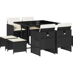 vidaXL Ensemble à manger jardin 9pcs et coussins noir résine tressée