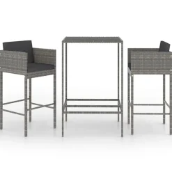 Mobilier De Jardin-vidaXL Ensemble de bar de jardin 3 pcs et coussins Résine tressée Gris