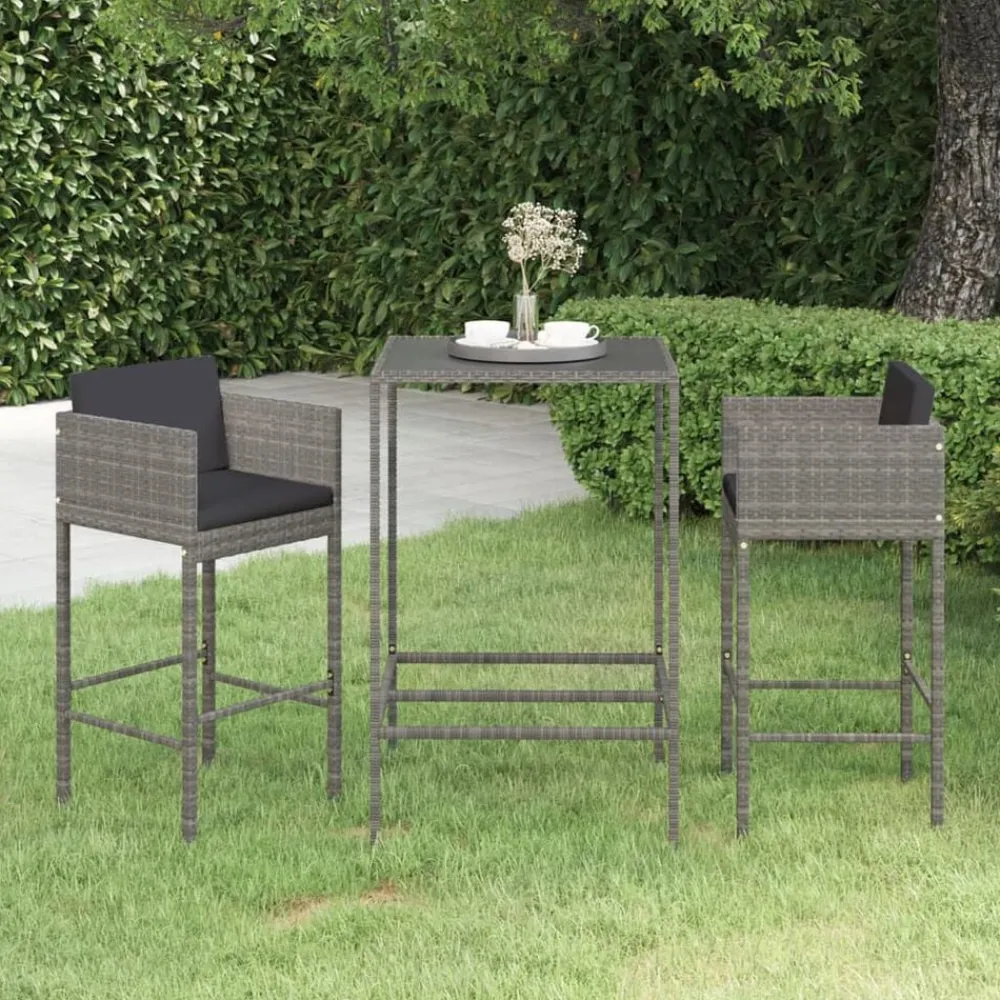 Mobilier De Jardin-vidaXL Ensemble de bar de jardin 3 pcs et coussins Résine tressée Gris