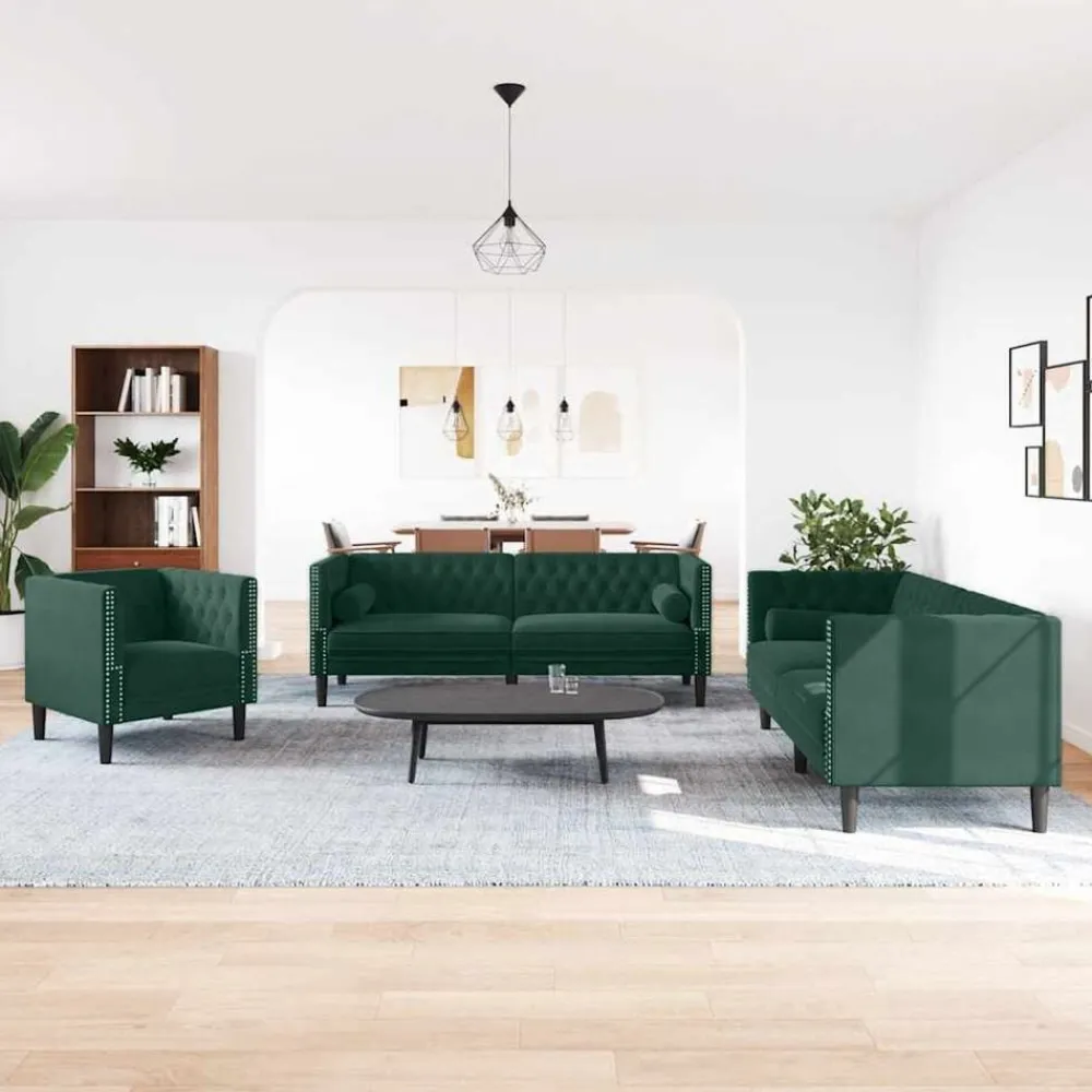 Canapés-vidaXL Ensemble de canapé Chesterfield et traversins 3 pcs Vert foncé