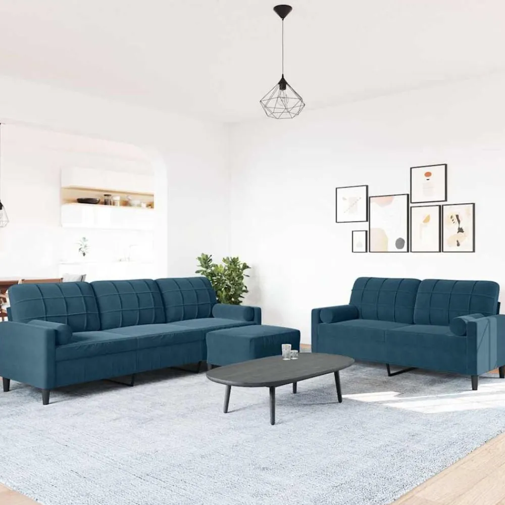 Canapés-vidaXL Ensemble de canapés 3pcs et coussins et traversins velours Bleu