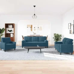 Canapés-vidaXL Ensemble de canapés 3pcs et coussins et traversins velours Bleu
