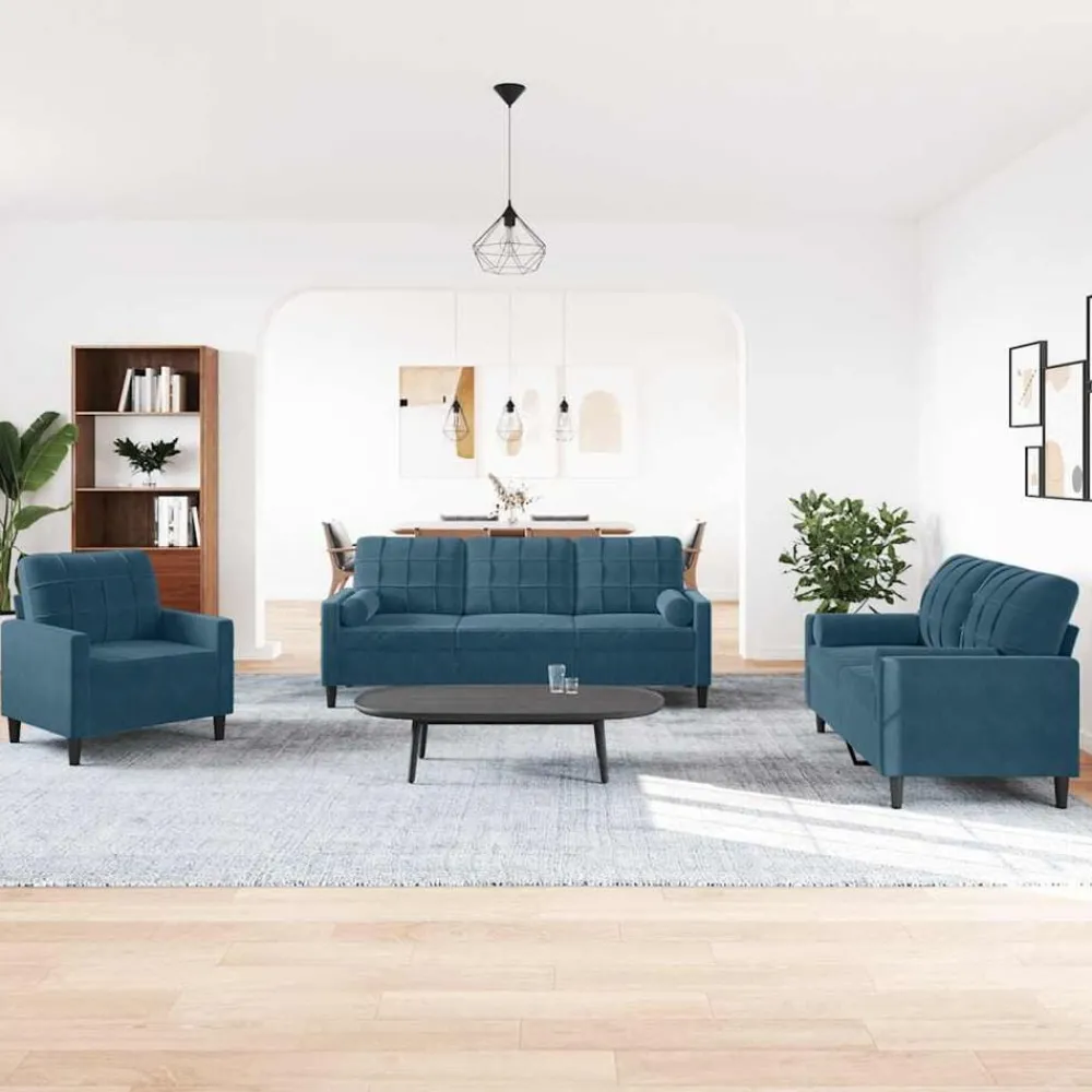Canapés-vidaXL Ensemble de canapés 3pcs et coussins et traversins velours Bleu