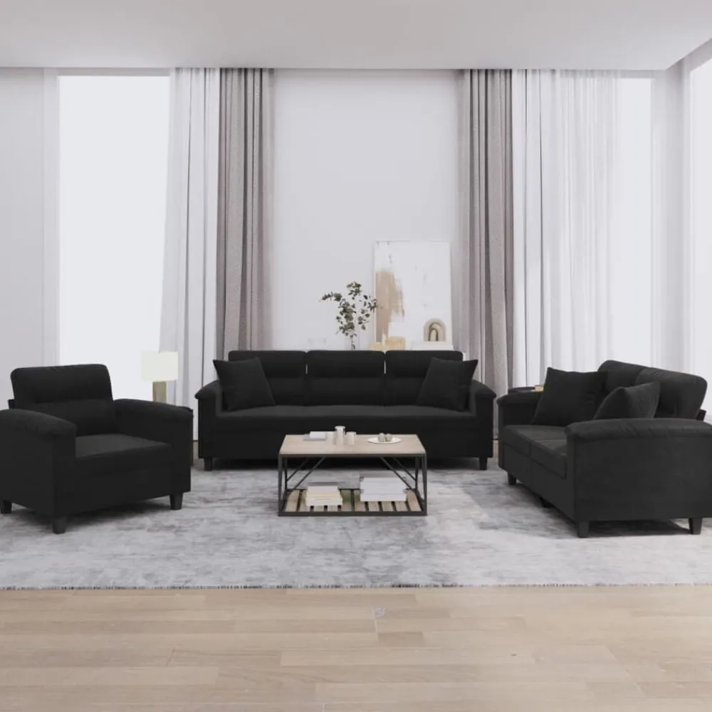 Canapés-vidaXL Ensemble de canapés 3 pcs avec coussins Tissu microfibre Noir