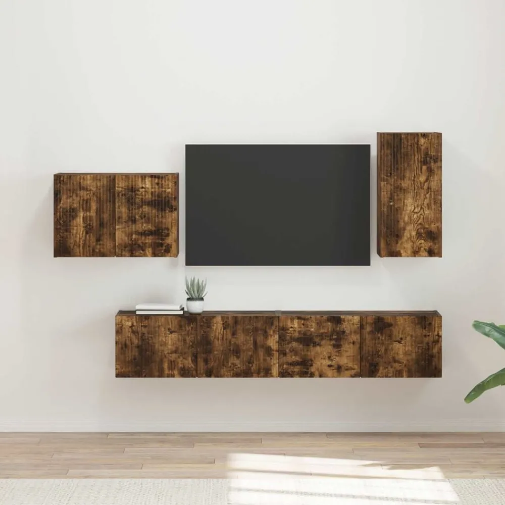 Meubles Tv-vidaXL Ensemble de meuble TV mural 4 pcs Chêne fumé Bois d'ingénierie Chêne fumé