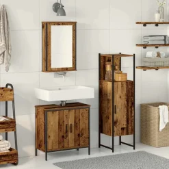 Ensembles De Meubles-vidaXL Ensemble de mobilier de salle de bain avec porte 3 pcs Marron Bois ancien